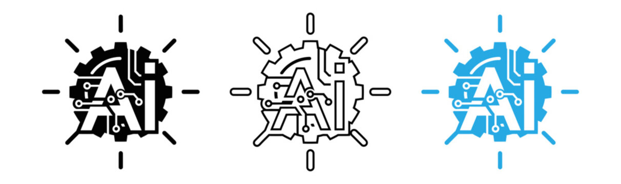 Artificial intelligence circuit board icon set black outline and blue