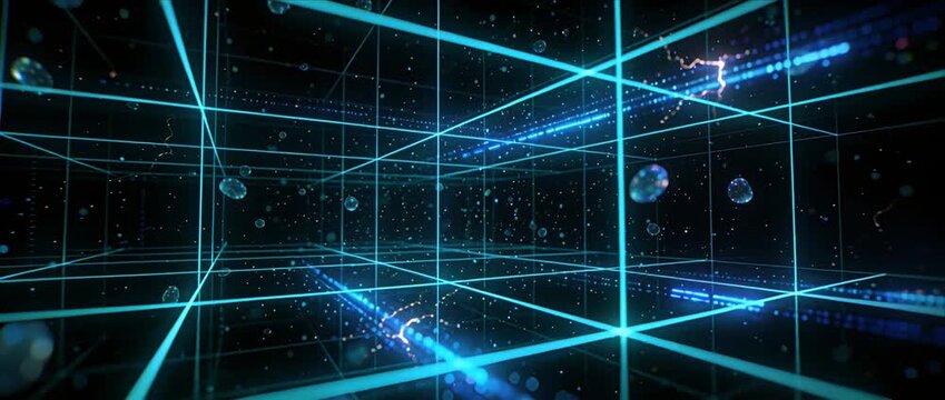 Futuristic grid neon line digital data cyber background virtual reality sci fi dark space glowing light abstract technology perspective depth futuristic cyber grid digital data cube neon abstract