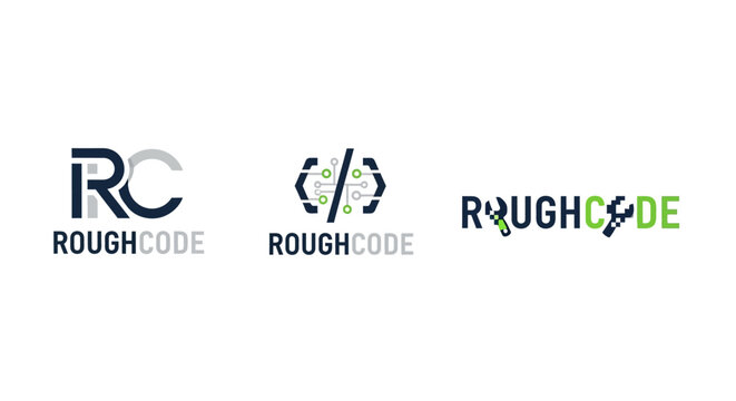 Three distinct logo designs for Rough Code technology company.