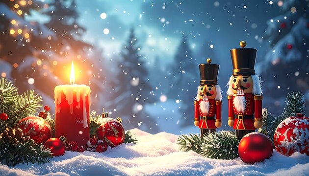 A serene winter scene with snow, nutcrackers and candle