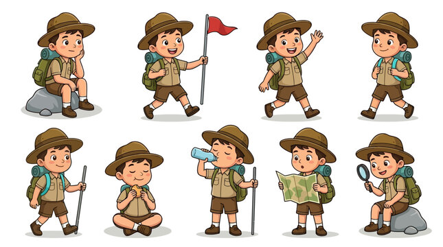 Set of cartoon boy scouts in various hiking poses wearing backpacks and explorer hats