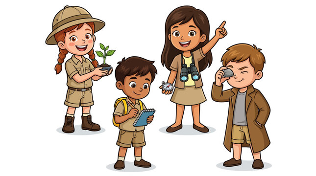 Four diverse children wearing explorer clothes and holding discovery gear and nature items