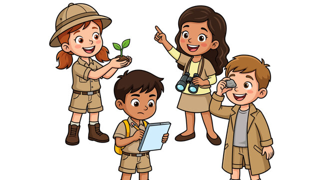 Happy children explorers wearing safari uniforms studying nature and holding equipment