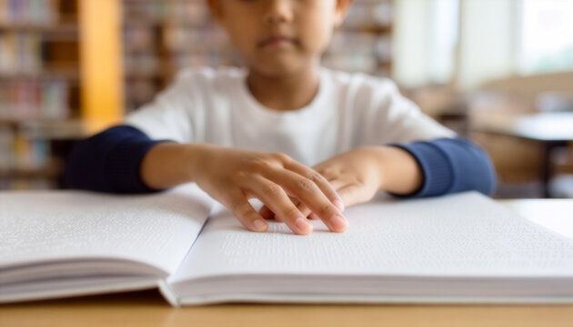 An Asian boy reads a Braille book in a library, representing inclusive education, literacy, and academic growth for visually impaired students.