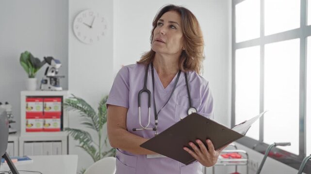Middle aged woman doctor in purple scrubs with stethoscope writing on a clipboard in a bright medical building exam room; focused care.