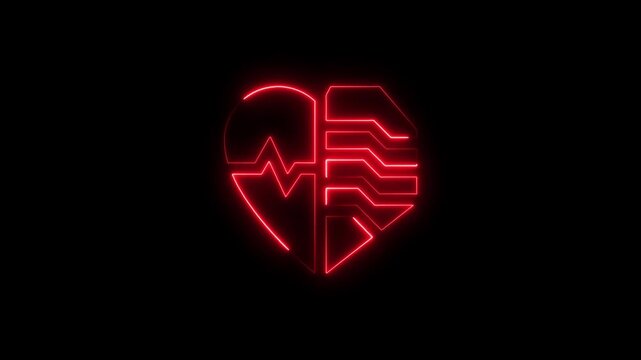 Neon digital heartbeat symbol with circuitry pattern on black background