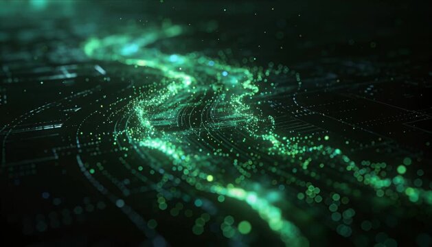 Abstract green glowing particle wave neon light trail digital energy flow futuristic cyber network data stream technology background quantum motion fantasy science fiction digital landscape