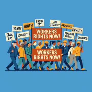 Diverse Group of Workers Marching for Labor Rights and Social Equality.