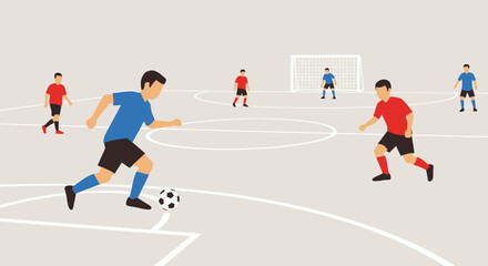 Fototapeta premium Two teams playing a soccer match on a court with a goal and a referee in the background