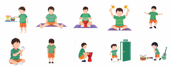 Fototapeta premium Cartoon Vector Illustration Set of a Little Boy Playing Various Musical Instruments and Engaging in Daily Activities