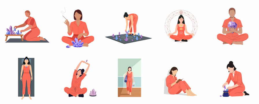 Vector Illustration of Women Practicing Spiritual Wellness, Crystal Healing, and Meditation for Mindfulness and Inner Peace