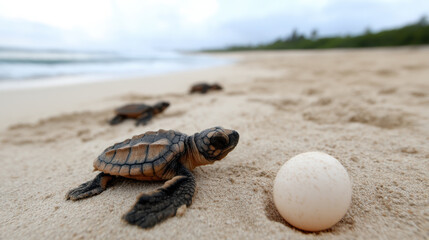 Obraz premium baby sea turtle crawls on sandy beach toward its egg, with more turtles and greenery blurred in the background under a cloudy sky.