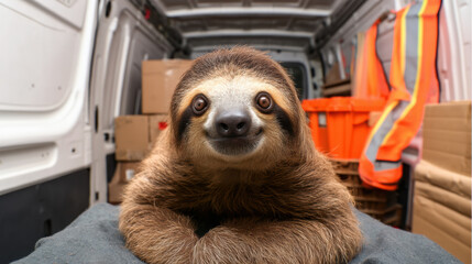 Fototapeta premium close-up of a cute sloth resting inside a delivery van filled with boxes and safety gear.