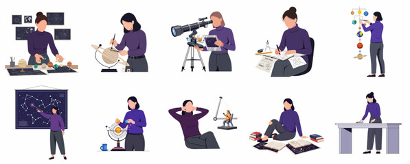 Vector illustration collection of a female astronomer character studying space, planets, and constellations © Elara