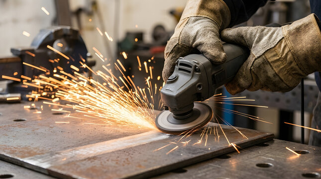 Professional Metalworker Using Angle Grinder on Steel Plate with Sparks