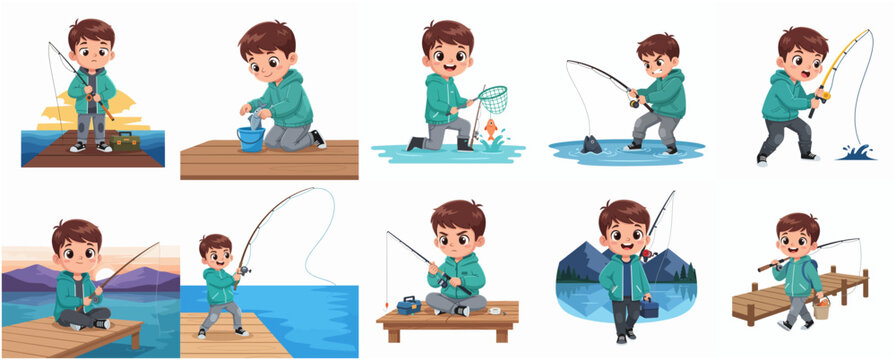 Cute little boy character set engaged in various fishing activities at the lake and pier