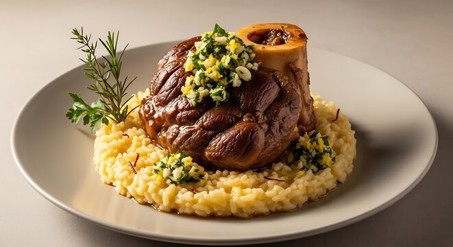 Delicious osso buco veal shank with creamy yellow risotto and fresh herbs on a plate. veal osso bucco