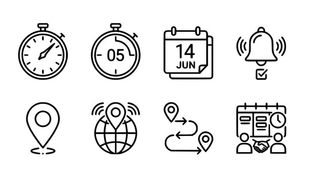 Thin Line Time Management and Location Icons Set Editable Stroke Vector Pack