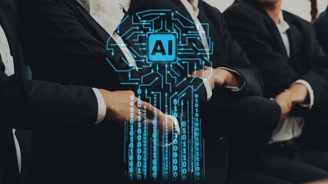 Business professionals in suits engaged in artificial intelligence concept discussion with digital elements depicting technology and innovation in the workplace Gluon.