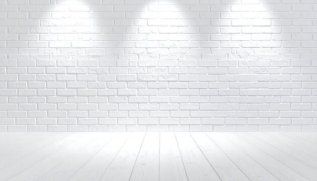 High-end minimalist background with a clean white painted brick wall and a light wooden floor illuminated by spotlights from above