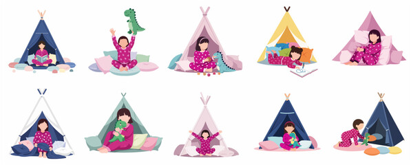 Obraz premium Flat vector illustration set of young girls in pajamas playing and relaxing inside teepee tents