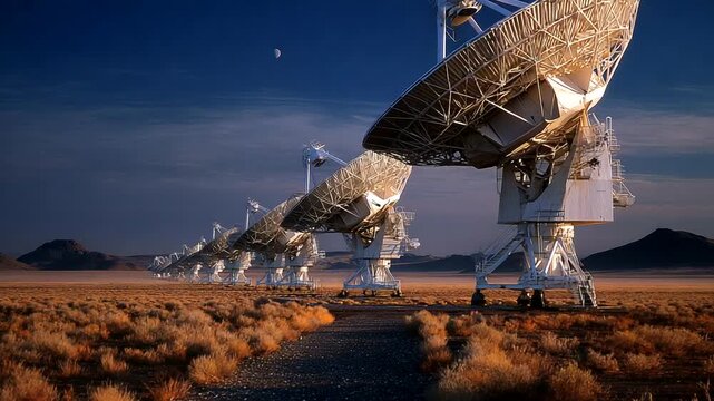 Array of Satellite Dishes Under Moonlit Sky