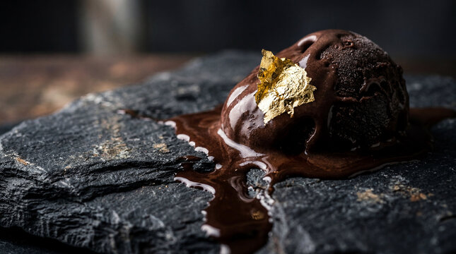 Dark chocolate gelato melting onto textured charcoal slate rich creamy indulgent dessert photography