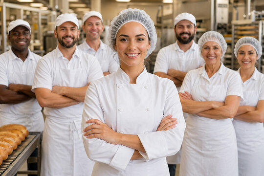 Confident female baker leading diverse bakery team in modern industrial kitchen, standing before fresh bread racks and ovens, showcasing teamwork, professionalism, food production and leadership
