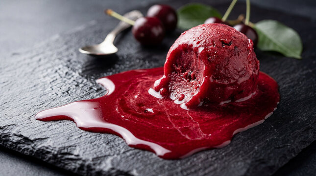Professional Photo Morello Cherry Sorbet Melting Deep Red Pool Black Surface Summer Dessert Photography Shot