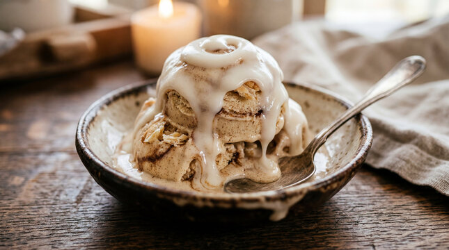 Cinnamon Roll Ice Cream White Icing Swirl Professional Food Photography Art Dessert Bakery Sweet Treat Warm