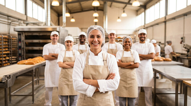 Confident female baker leading diverse bakery team in modern industrial kitchen, standing before fresh bread racks and ovens, showcasing teamwork, professionalism, food production and leadership