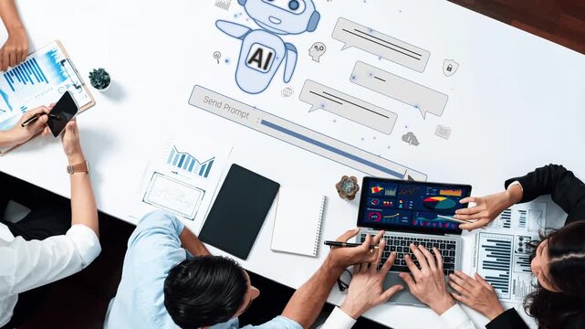 A modern collaborative workspace featuring a diverse group engaging in discussion about chatbot technology and data analytics while utilizing various devices. Raster