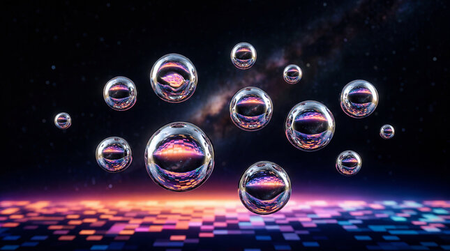 Liquid metal droplets suspended in zero gravity vacuum chamber sci-fi technology abstract photography