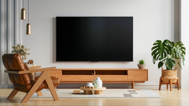 Mockup of blank smart TV screen on wooden cabinet in modern living room interior with leather armchair and house plant- 3D rendering