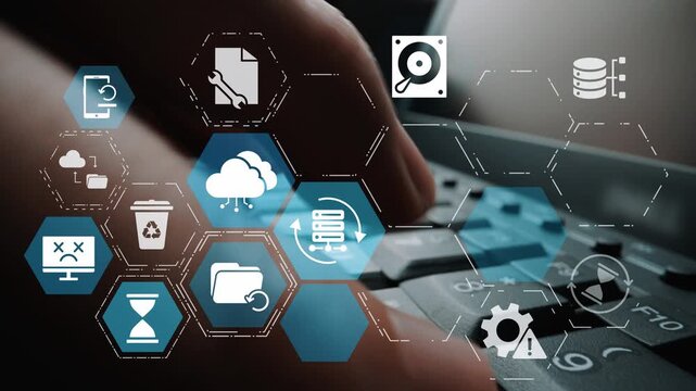 Data recovery icons show backup, data recovery process, and secure restoration. Data recovery ensures system reliability, data recovery protection, and information access. Funnel
