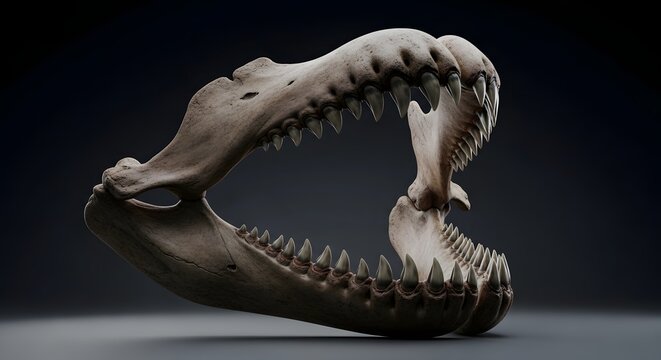 Detailed Close-Up of a Prehistoric Shark Jaw with Sharp Teeth on Dark Background.