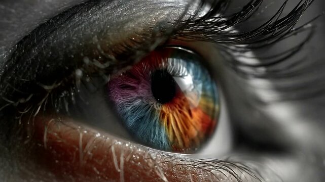 Close-up of a vibrant eye showcasing colorful iris