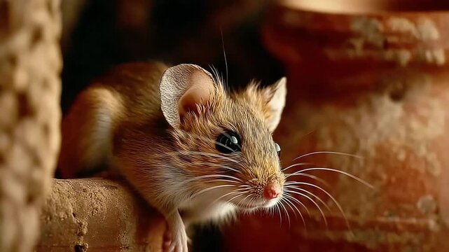 A curious brown mouse peeks out from between rustic clay pots, creating a warm, inquisitive mood perfect for nature or wildlife content.