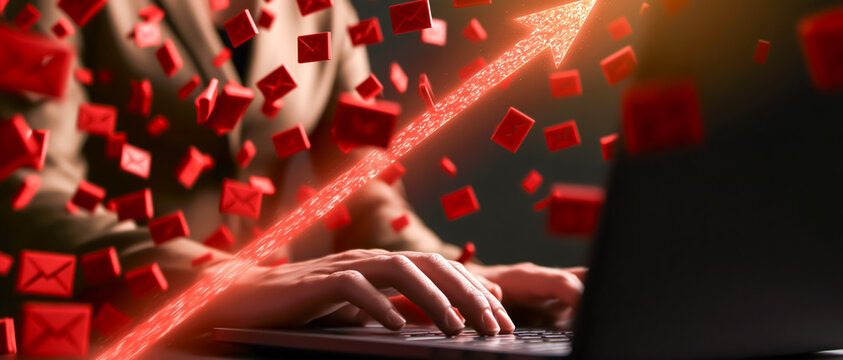 サイバー攻撃の急増：赤いメールと上昇する矢印のビジネスイメージ