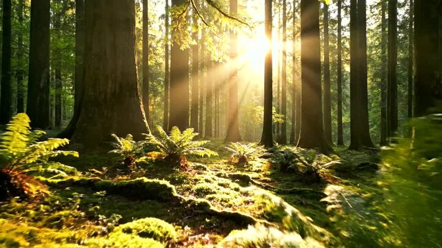 Sunlight filtering through forest trees.