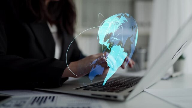 Global network connection visualization showing data exchange, digital link, worldwide communication. Global data flow and digital network infrastructure connecting regions around the world. Thunk