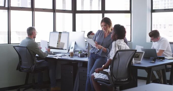 Coworking office, paperwork and business women collaboration startup company sales, numbers or portfolio report. Partner, folder and happy mentor consulting on research, ideas or review budget plan
