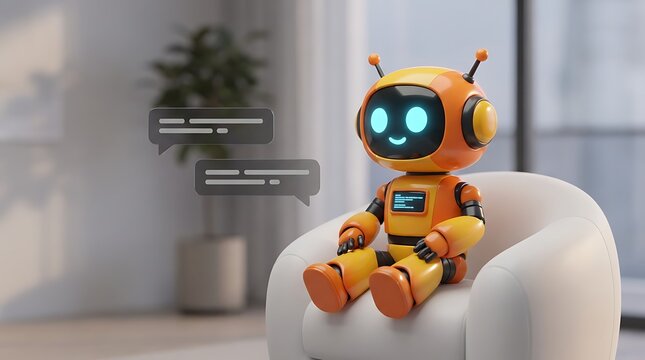 Friendly orange and yellow robot sitting on a white chair with speech bubbles modern living room setting