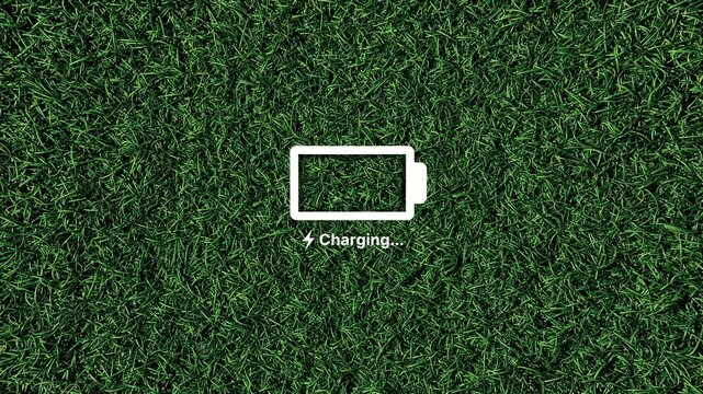 Phone battery charging line by line on grass background animation. 4k seamless loop. Concept of recharging energy, connecting with nature, weekend, holidays, touching grass, rest, outdoor, sports.