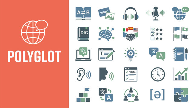 Polyglot concept features global communication and language icons.