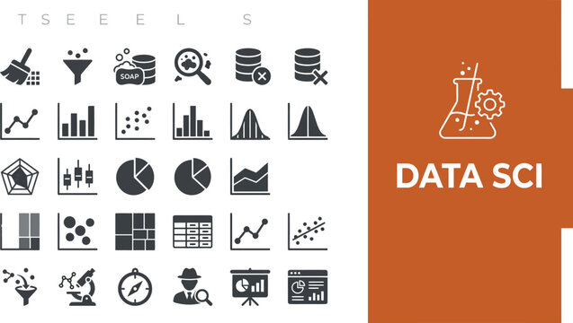 Data science icons represent analytics and research in a set.
