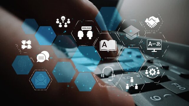Translation icons show international languages, interpretation, and communication. Translation helps global business, translation supports learning, and translation improves cultural exchange. Funnel