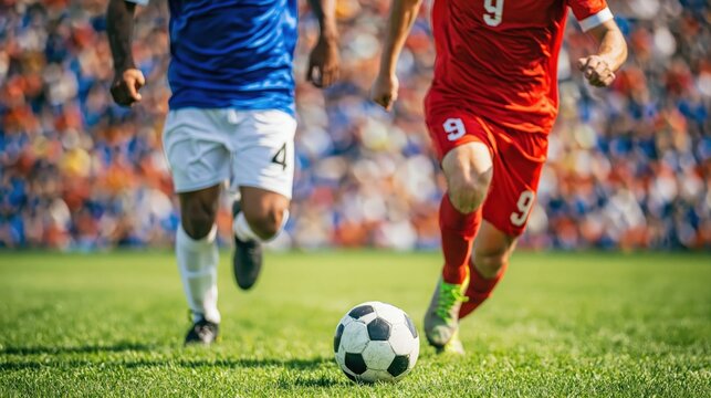 Two soccer players in red and blue jerseys competing for possession of ball during professional match in stadium. High quality photo