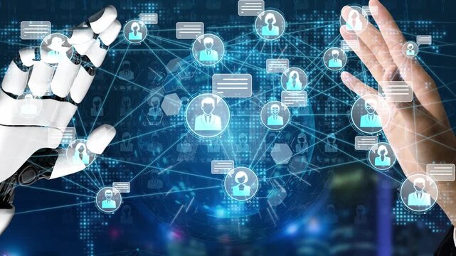 Futuristic Interaction Between Robot Hand and Human Hand Amidst Digital Network of People and Communication Icons in a Tech Environment Sigmoid