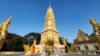 Naklejka premium Thai Buddhist Pagoda at Wat Phra That Marukkhanakhon in Nakhon Phanom, Thailand